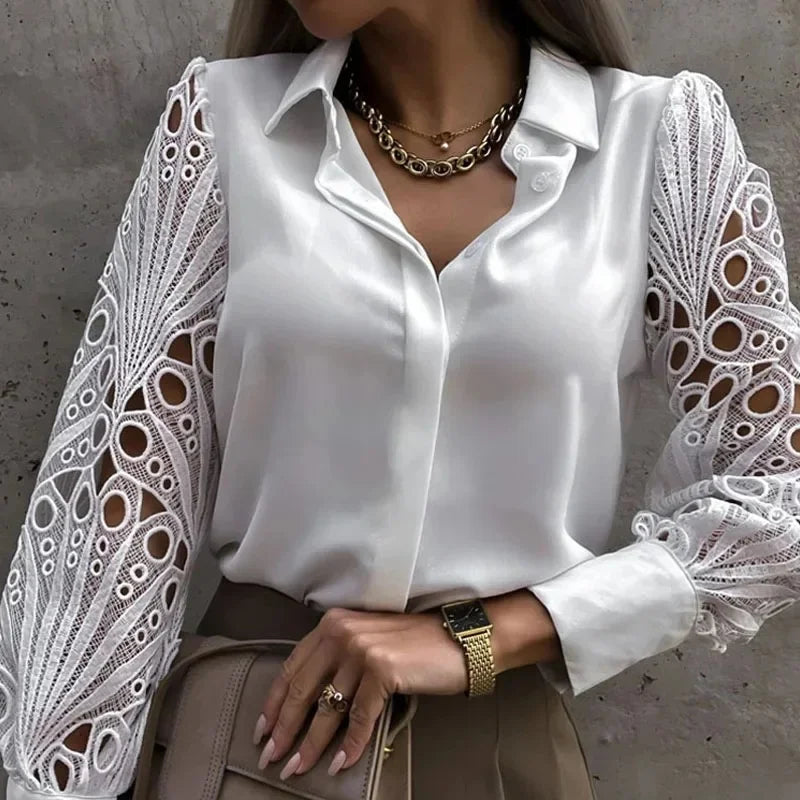 White Sexy Lace Hollow out Women Blouse Autumn Spring Black Top Vintage Button Up Shirts Long Sleeve Tops.
