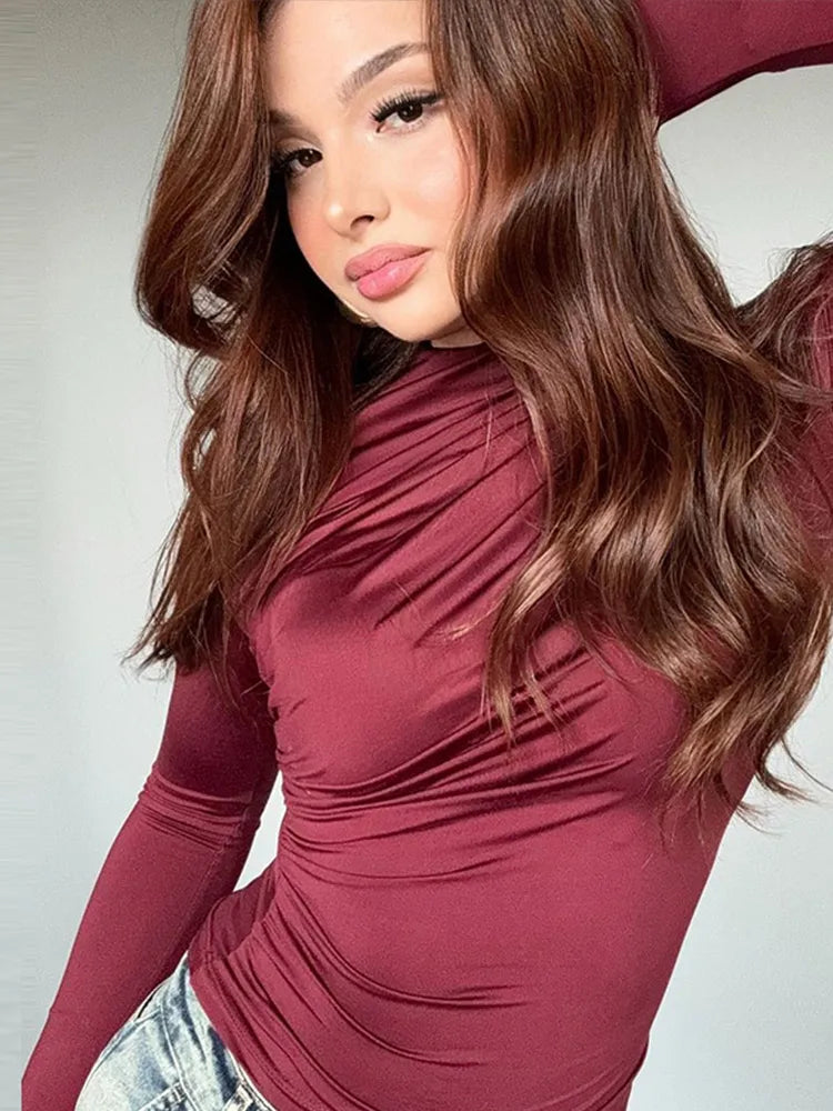 Women Tees Sexy Turtleneck Long Sleeve Pleated All-match Basic Lady T-shirts 2025 Spring Autumn Fashion Chic Female Streetwears.