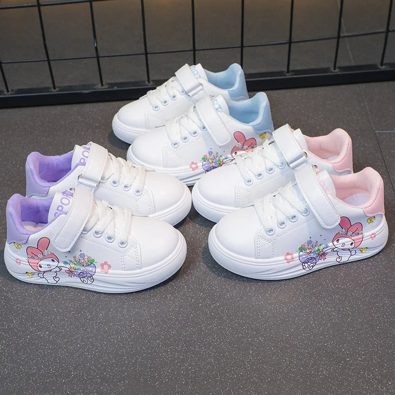 Baby Girls White Shoes Kids Casual Sneakers Cartoon Soft Breathable Fashion Children White PU Leather Shoes Size 26-37.