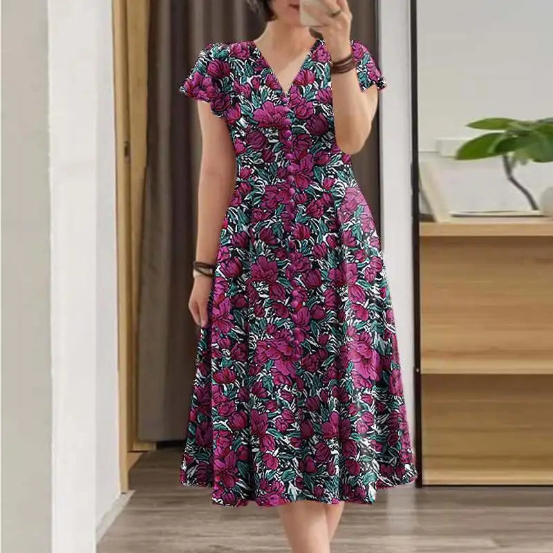 ZANZEA Elegante Frauen Floral Print Midi Kleid Sommer 2025, Casual Rüschen Kurzarm V-ausschnitt Vestidos Mode Cinched Taille Roben.