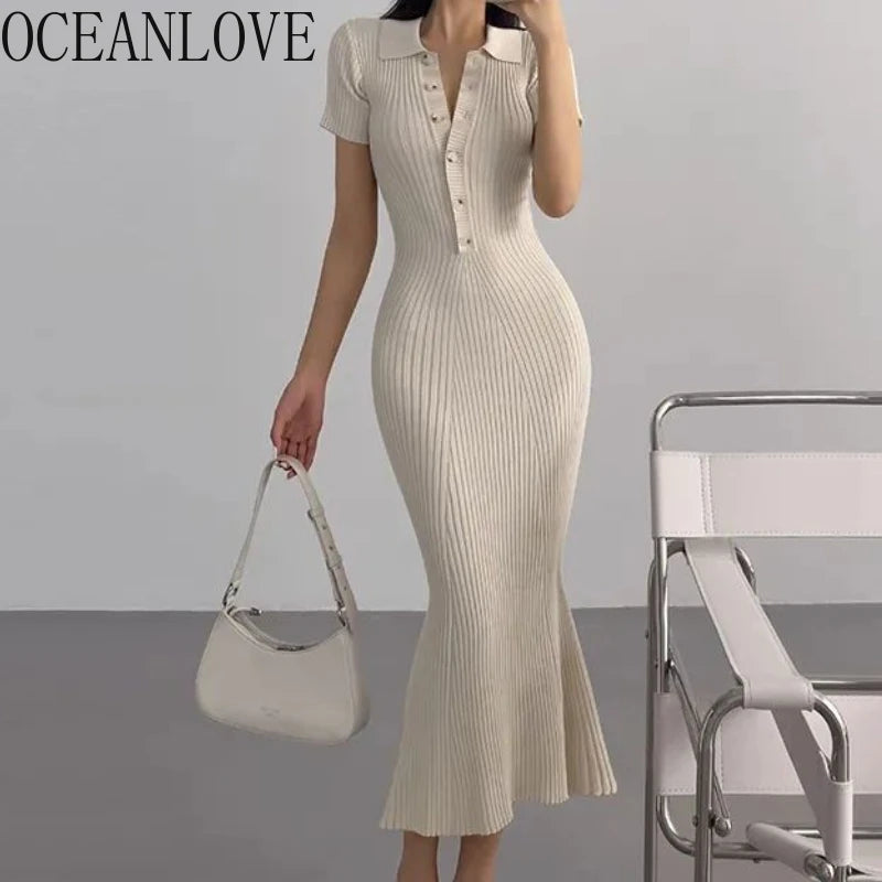 OCEANLOVE Meerjungfrau Rüschen Kleider für Frauen Gestrickte Solide Einreiher Sexy Vestidos Mujer Mode Frühjahr Sommer Langes Kleid.