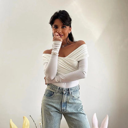 Shestyle Off Shoulder Slash Neck Bodysuits Women Overlap Solid Long Sleeve Basic T-Shirt Pleated Cross Bodycon Fashion Trendy.