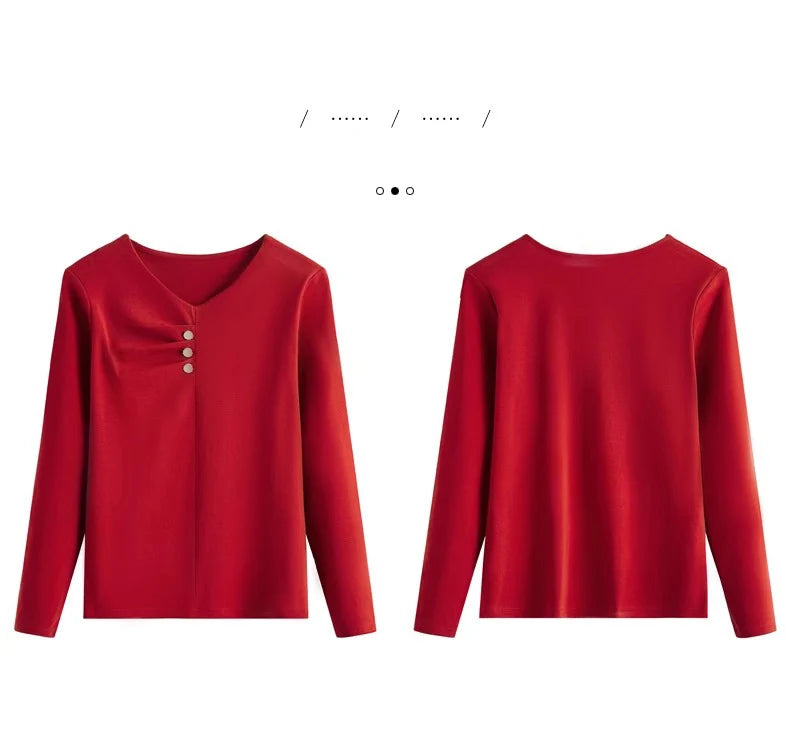 Wine red pure cotton long sleeved t-shirt for women's spring and autumn new style V-neck fashionable casual plus size loose top.