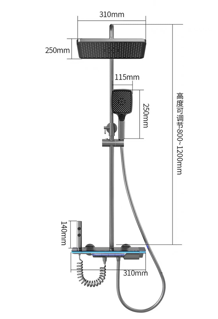 Bathroom Luxury Shower Faucet System with Lights Tempered Glass Shower Set Digital Display Copper Mixer Shower Faucet Set