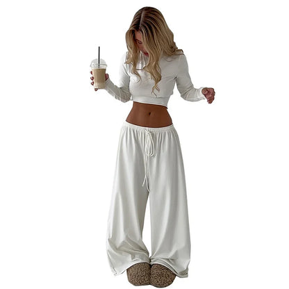 Blifanbo Casual Long Sleeve Crop Top Loose Long Pants 2 Pieces Set Women Autumn Slim Fashion Top And Long Pant Set Streetwear