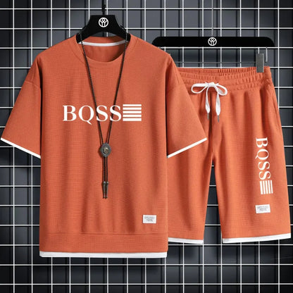 Summer fitness jogging loose sportwear set men's solid color short-sleeved casual T-shirt + shorts breathable two-piece set.