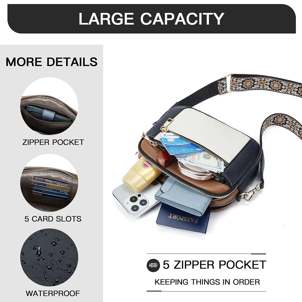 Stylish Wide Strap Shoulder Bag Women's Multiple Pockets Faux Leather Crossbody Bags Adjustable Strap  Travel Handbag Purse.