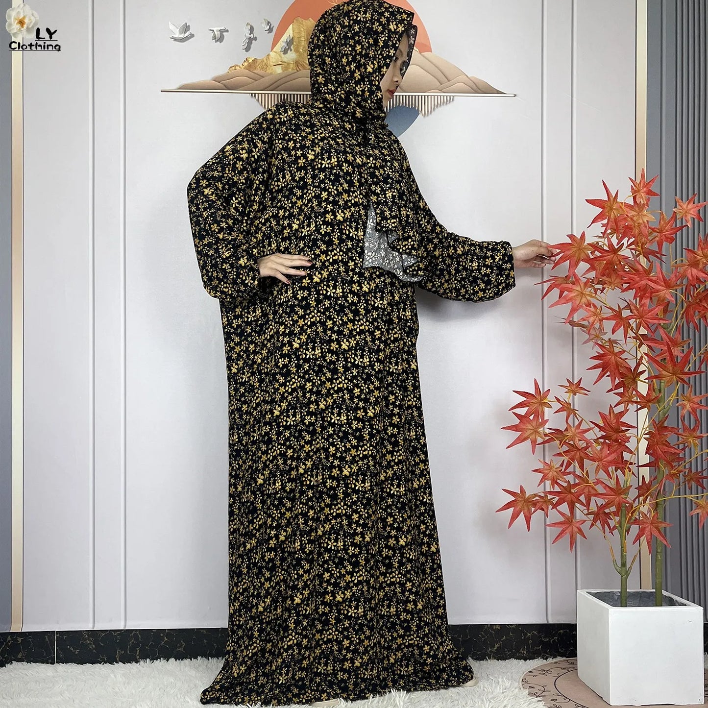 New Muslim Long Sleeved Cotton For Women Ramadan Prayer Turkey Middle East Femme Robe Floral Loose African Abaya Dress Scarfs