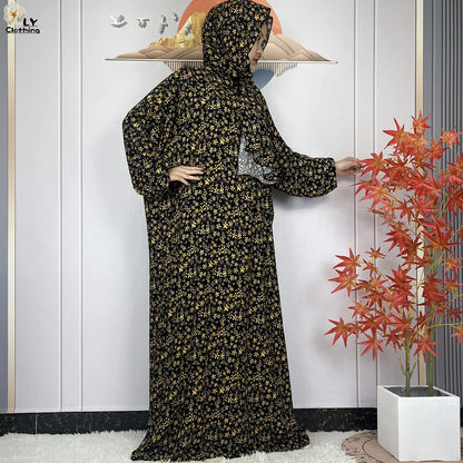 New Muslim Long Sleeved Cotton For Women Ramadan Prayer Turkey Middle East Femme Robe Floral Loose African Abaya Dress Scarfs