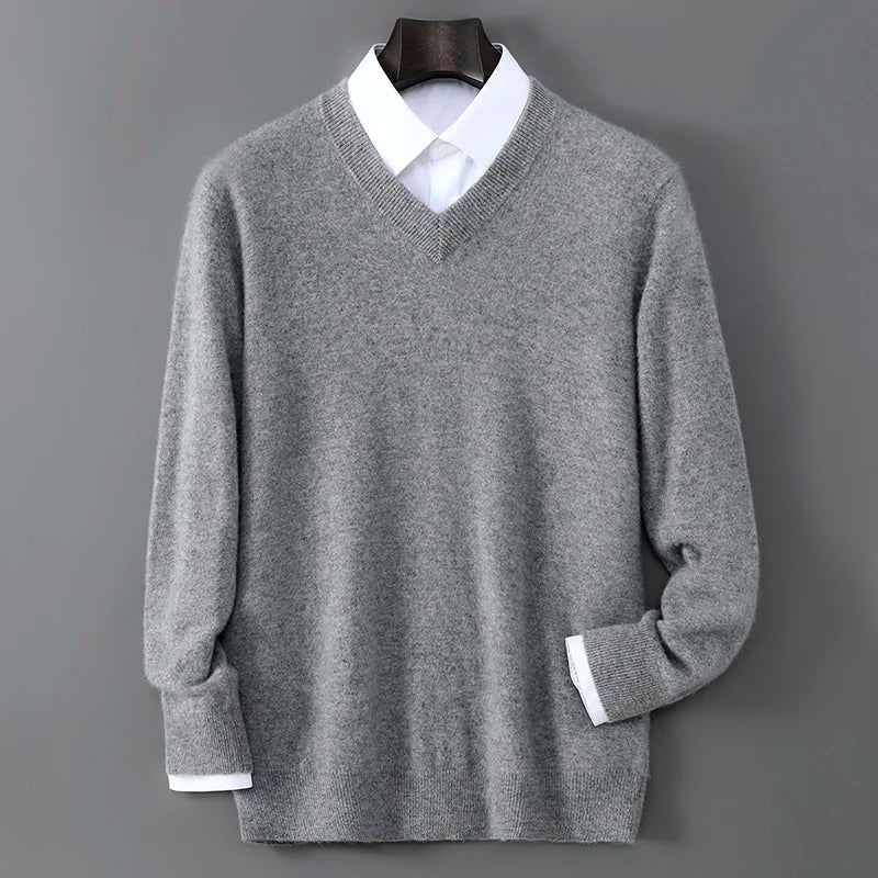 2025 Autumn Winter New Men's Wool Sweater Solid Color V-Neck Pullover Sweater Casual Loose Business Knit Plus Size Base Sweaters