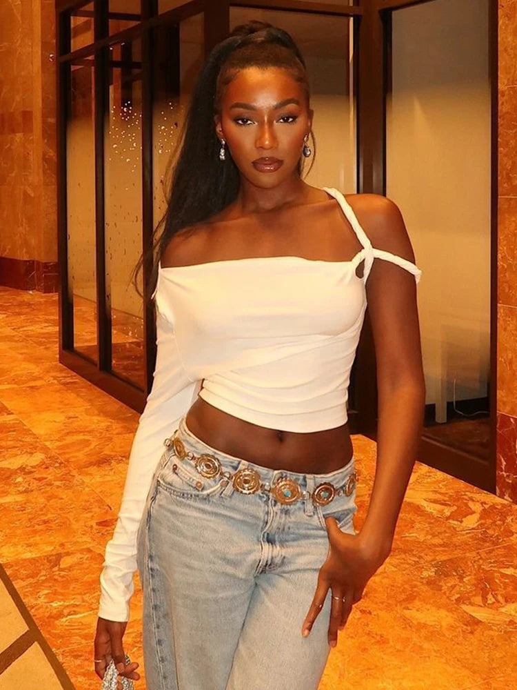 kliou Incline Shoulder Women T-shirts Classic New All-matched Single Sleeve Strap Skinny Crop Tees Mujer Chic Fashion Street Top.