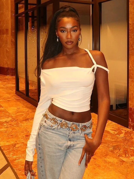 kliou Incline Shoulder Women T-shirts Classic New All-matched Single Sleeve Strap Skinny Crop Tees Mujer Chic Fashion Street Top.