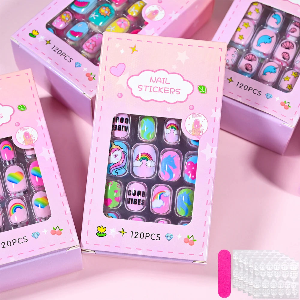 120Pcs Children's Press on Nails Kids Cartoon Acrylic Fake Nails Tips Kawaii Girl Full Cover Short False Nails With Jelly Glue#@.