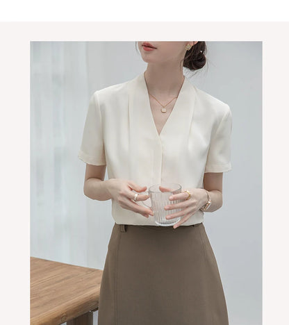 2025 Fashion Summer Short Sleeve V-Neck Women Blouse White Blouse Shirt Women Tops Blouses Shirts Blusas Para Mujer Camisas XL86