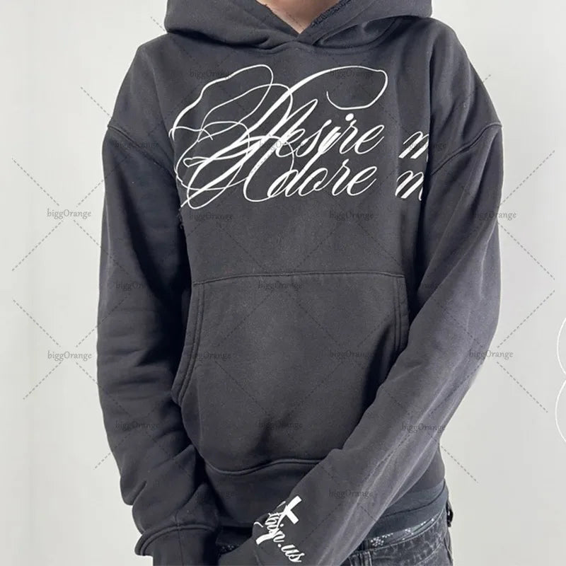 Fashion Casual Letter Print Rcok Oversized Sweatshirt Men Y2K 2025 Retro Harajuku High Street Hip-hop Vintage Loose Hoodie Women.