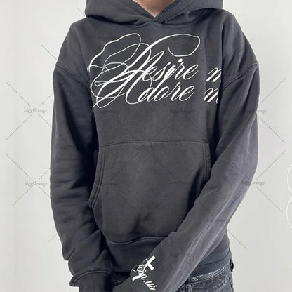 Fashion Casual Letter Print Rcok Oversized Sweatshirt Men Y2K 2025 Retro Harajuku High Street Hip-hop Vintage Loose Hoodie Women.