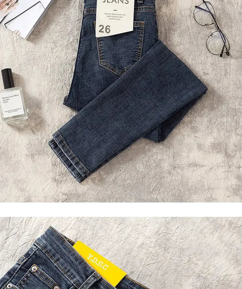 High Waist Nine-Tenths Women's Skinny Jeans Elastic Slimming Fashionable Spring Autumn New Style Small Foot Tight Pants.