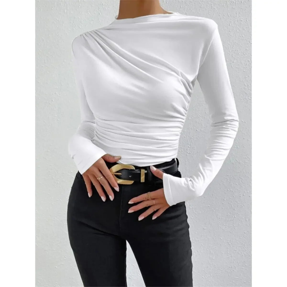 Slim Fit Long Sleeve Women's T-shirt Pure Color Design Pleated Detail Base Shirt Ladies Top Quality Material Comfortable Wear