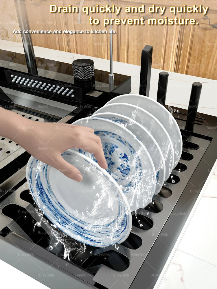 Stainless Steel Kitchen Sink Waterfall Wash Vegetables Basin Intelligent Digital Display Faucet Dish Wash Bowl Large Single Slot