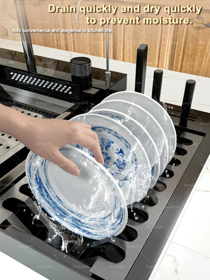 Stainless Steel Kitchen Sink Waterfall Wash Vegetables Basin Intelligent Digital Display Faucet Dish Wash Bowl Large Single Slot