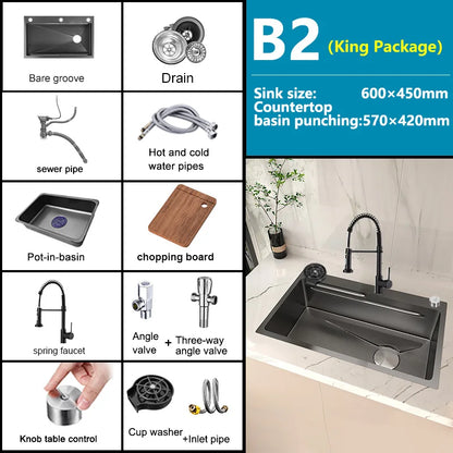 Stainless Steel Kitchen Sink Embossed Large Single-Slot With Kitchen Faucet Multifunctional Washbasin for Apartment