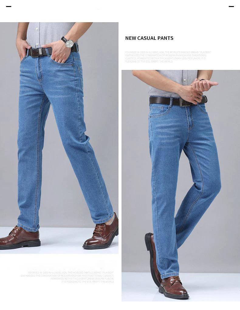 Summer Thin Men's Elastic Cotton Jeans Fashion Blue Comfortable Business Straight Casual Pants Brand Male Clothes Trousers.