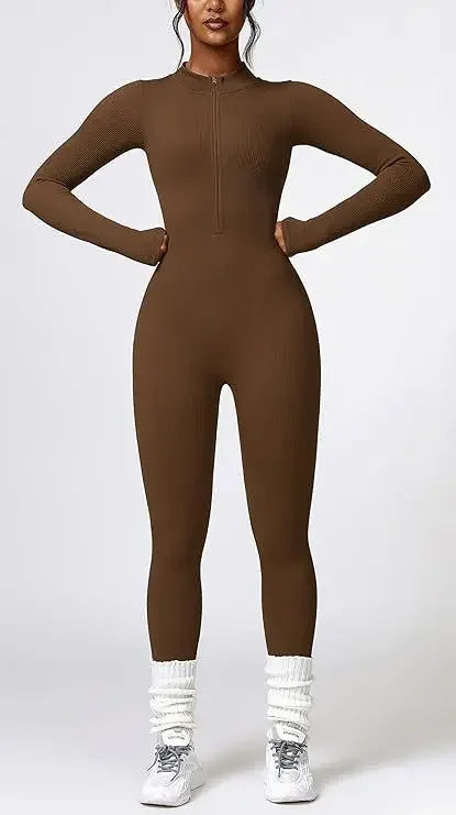 Seamless Long Sleeve Yoga Suit Waist-Fitted Shaping Trousers Casual Sports One-Piece Zippered Fitness Wear