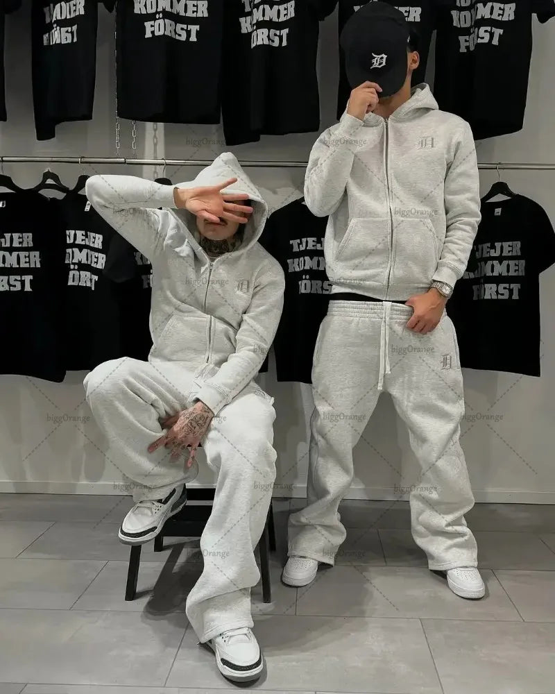 Europäischen und Amerikanischen Retro Männer Anzug Brief Gestickte Zipper Hoodie Frauen Modische Casual Lose Grau Gerade Hosen.