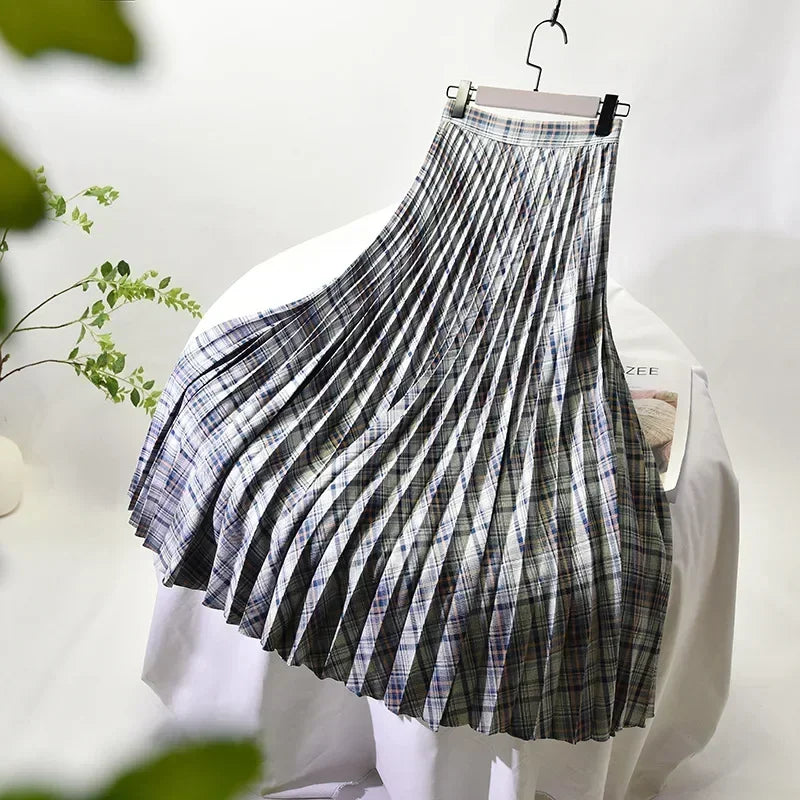 Looks Thin Pleated Skirt 2025 New High Waist A-line Skirt Mid-length Big Size Plaid Skirt Long Pleated Skirt Length 75-90cm