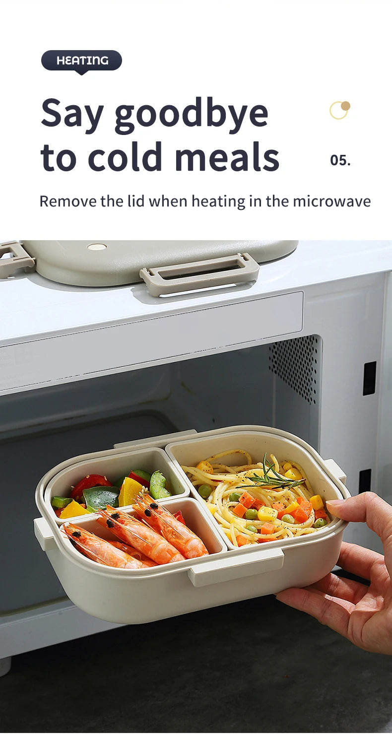 WORTHBUY Portable Plastic Bento Lunch Box With 3 Removable Compartment Leak-proof Microwave Salad Food Container For Kids School.