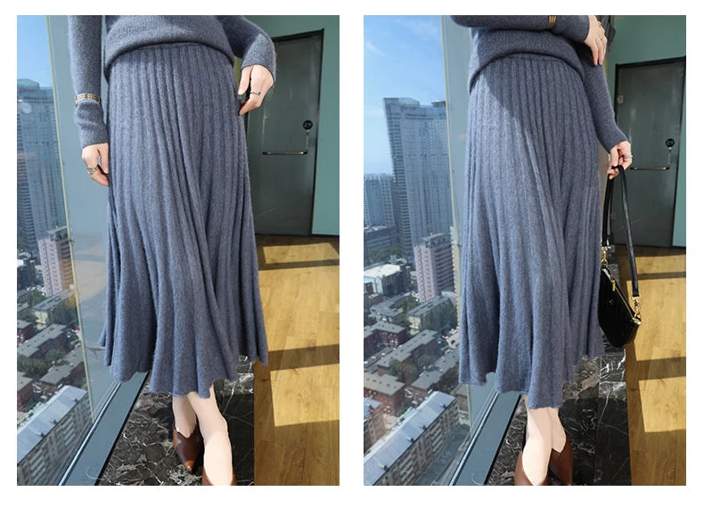 Autumn And Winter Fashion Mink Cashmere Mid Length High Waist Skirt For Women, Knitted Umbrella Skirt, Fashionable Pleated Skirt.