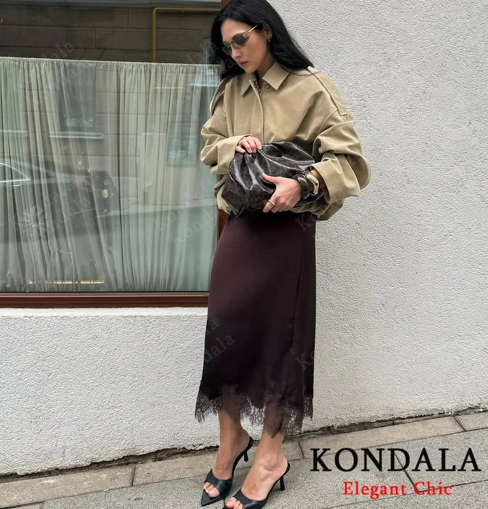 KONDALA Women Elegant Luxury Satin Lace Brown Black Skirt Long Straight Skirt 2025 New Spring Autumn Fashion Party Mujer Skirt.