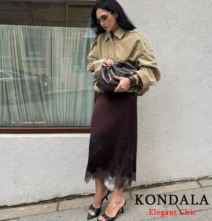 KONDALA Women Elegant Luxury Satin Lace Brown Black Skirt Long Straight Skirt 2025 New Spring Autumn Fashion Party Mujer Skirt.