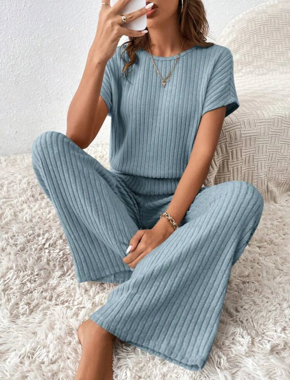 Two Piece Pant Sets Women Straight Pants Tops Pullover Short Sleeve Round Neck Spliced Top Solid Casual Streetwear Summer