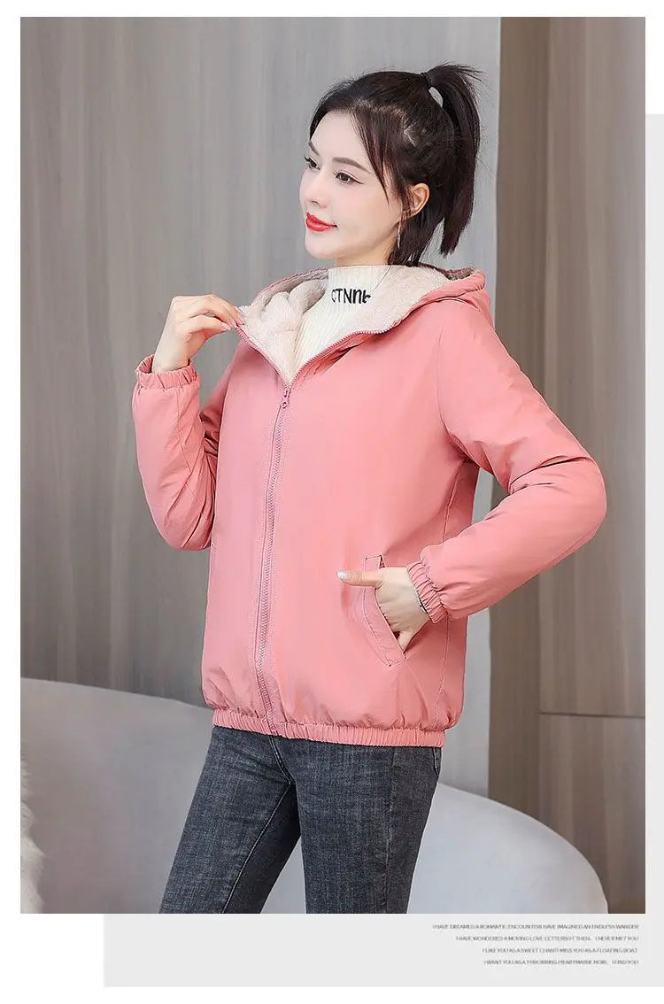 Women's Fleece Coat Winter Warm Thicken Solid Windbreaker Hooded Cotton Plush Hooded Jackets Casual Outdoor Windproof Jacket.