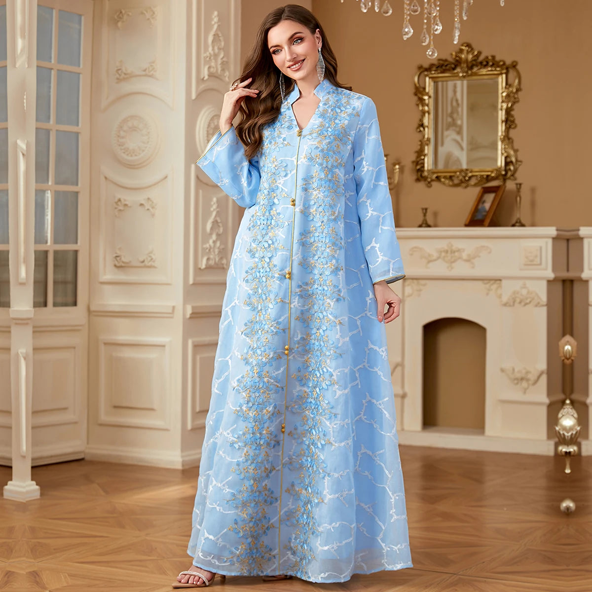 Uni Ramadan Dubai Woman’s Abayas Embroidered Sequin Floral Patter V-Neck Elegant Casual Kebaya Muslim Moroccan Long Dress.