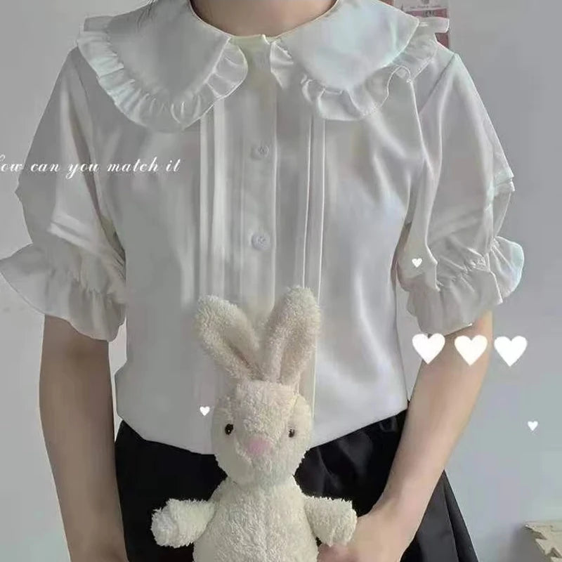 Zoki Japanese Sweet Women Blouses Lolita Style White Kawaii Peter Pan Collar Jk Shirt Cute Preppy Ruffle Puff Short Sleeve Tops.