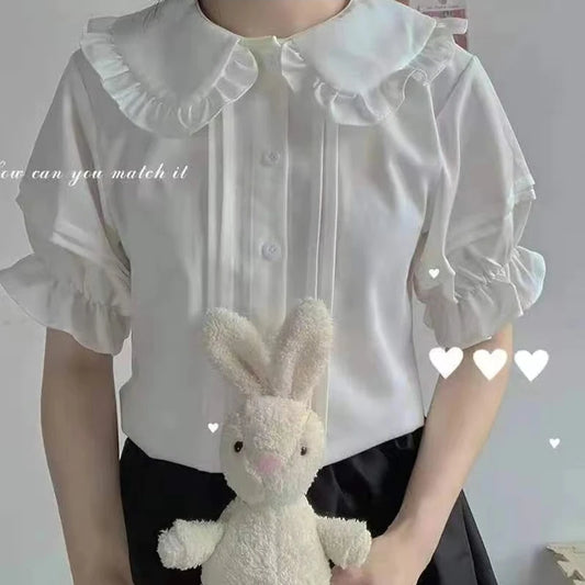 Zoki Japanese Sweet Women Blouses Lolita Style White Kawaii Peter Pan Collar Jk Shirt Cute Preppy Ruffle Puff Short Sleeve Tops.