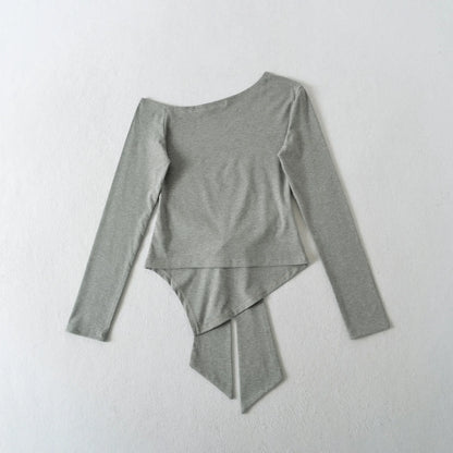 Sexy Long Sleeve T-Shirt Women's Waist Cinched Shoulder Bared Strap Design Autumn 2025 Irregular Halter Neck Top for Trendy Girl