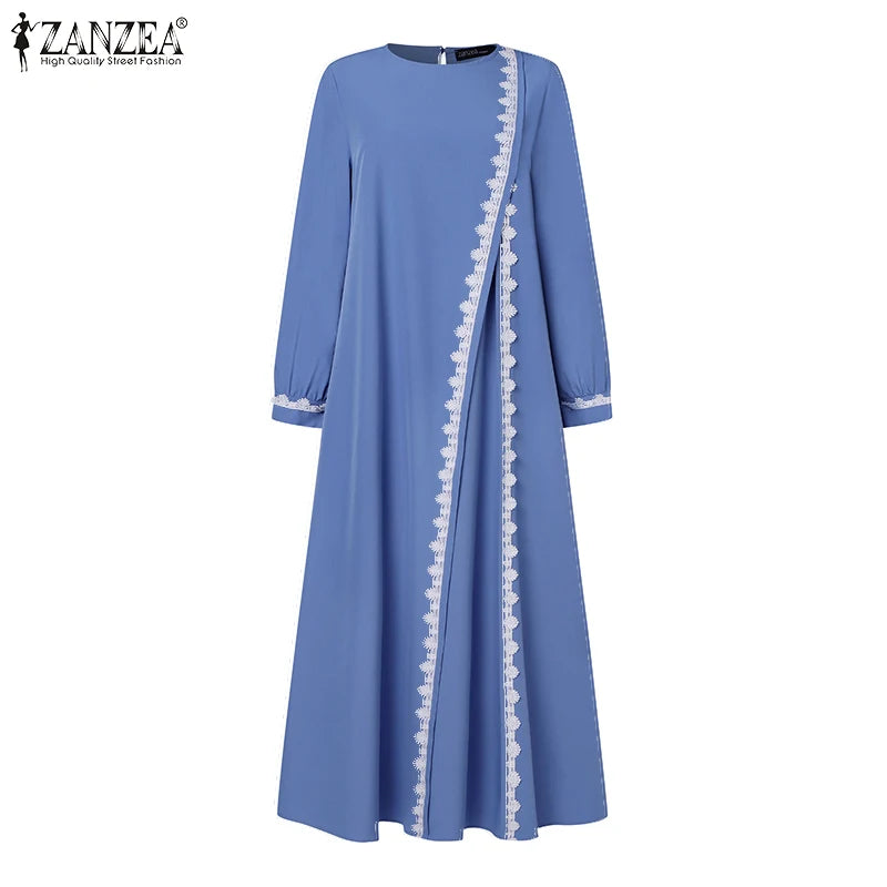 ZANZEA Autumn Women Long Sleeve O Neck Muslim Maxi Dress Kaftan Elegant Lace Crochet Loose Turkey Abaya Vestidos Islamic Dresses.