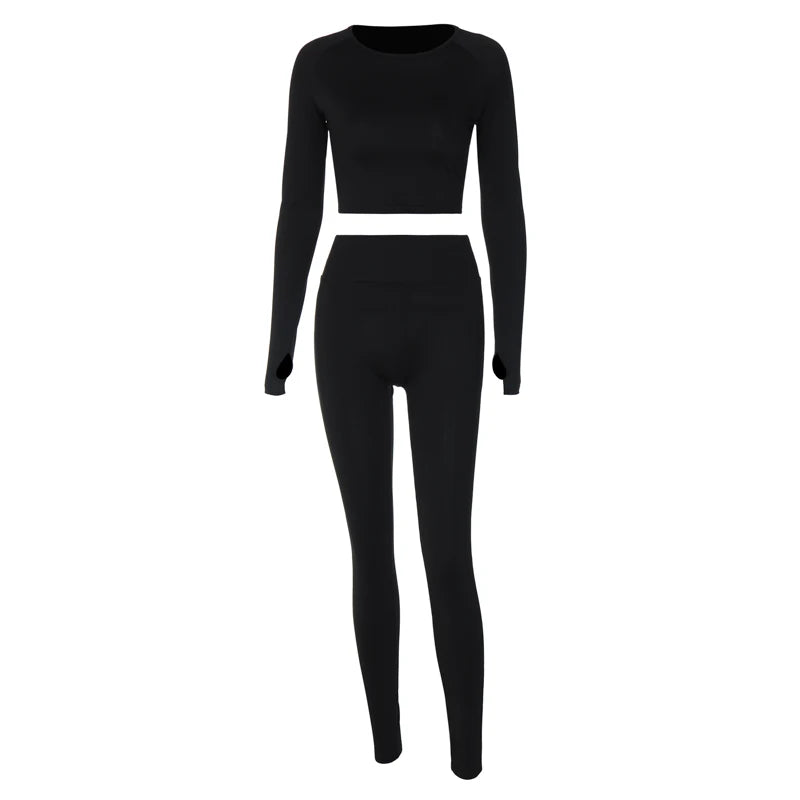 Hugcitar Pure Color Long Sleeve Crop T-Shirt Legging 2 Piece Matching Sets 2024 Spring Women Fashion Streetwear Sports Tracksuit.