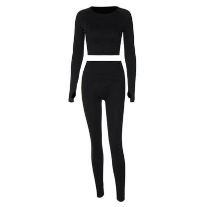 Hugcitar Pure Color Long Sleeve Crop T-Shirt Legging 2 Piece Matching Sets 2024 Spring Women Fashion Streetwear Sports Tracksuit.