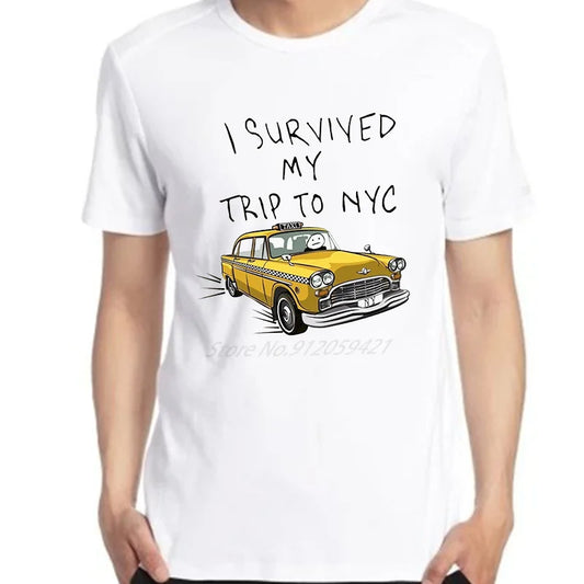 I Survived My Trip To Nyc T Shirt For Men New York Yellow Taxi Graphic T Shirts Cotton  Short Sleeve T-Shirts Men's Clothing.