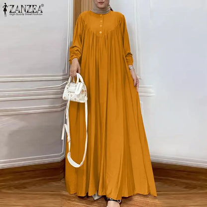Women Autumn Muslim Long Dress Abaya Long Sleeve Hijab Vestidos Islamic Robe Femme ZANZEA Vintage Ramadan Maxi Sundress Kaftan.