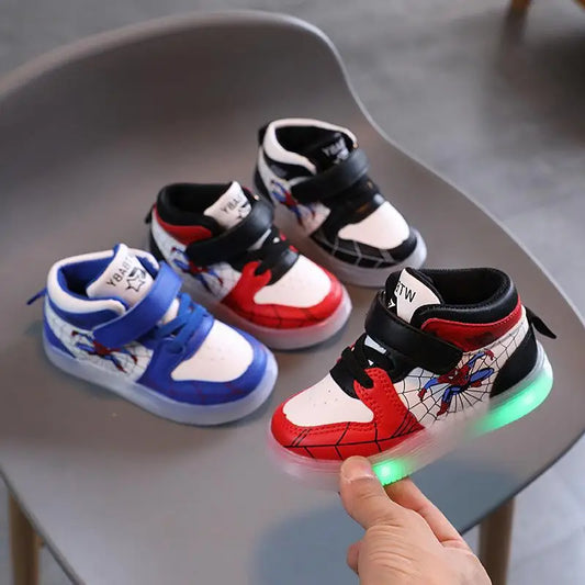 Disney Children's Sneakers Boys Girls Spiderman Led Light Sport Shoes Student Shoes Hook Anti-slip Kids Outdoor Basket Shoes.
