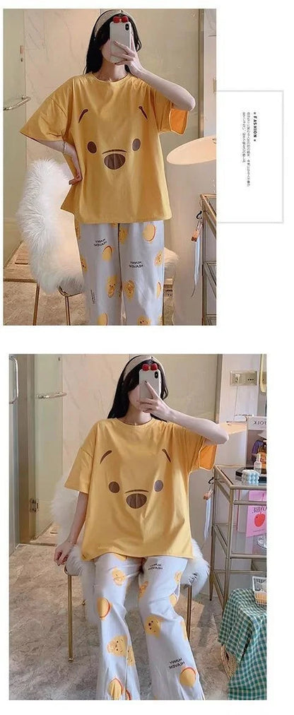 Sommer Pooh Bär Nachtwäsche frauen Lose Bequeme Cartoon Print Hause Kleidung Set Kurzarm Nachthemd Mickey Pyjama Set.