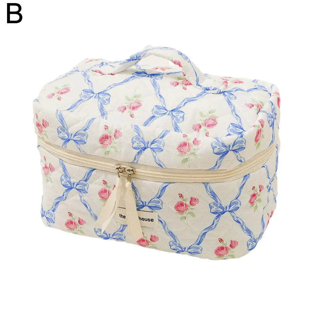 Cute Bow Flower Quilting Makeup Bag Women Zipper Cosmetic Organizer Female Cloth Handbag Portable Toiletry Case For Girls
