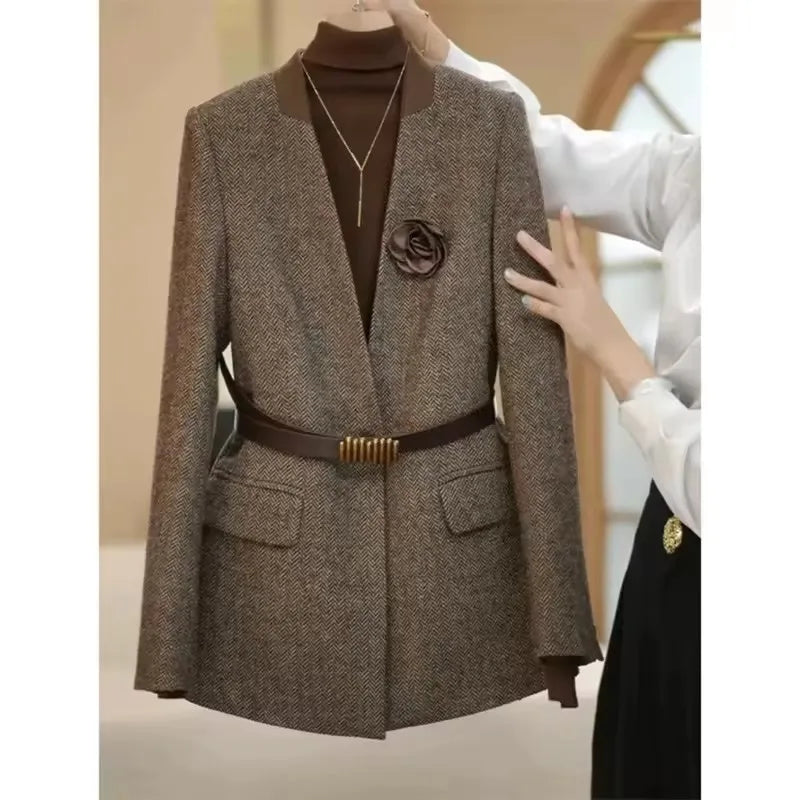 Mode Kaffee Woolen Anzug Jacke 2025, Herbst Winter Neue Damen Temperament V-ausschnitt Langarm Blazer Weibliche.