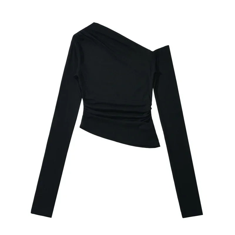 Slim Fit Long Sleeve T-Shirt Irregular Hem Slant Collar Pleated Pure Desirable Sexy Top for Women Fashionable Autumn New Style.