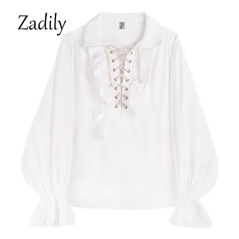 Pirate Shirt for Men Vintage Gothic Renaissance Style Frilled Lace-Up Medieval Buccaneer Blouse Top for All Seasons.